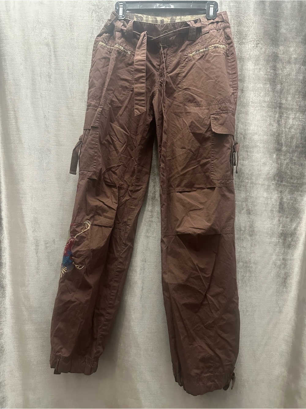 Womens Brown Cargo Pants with Embroidered Detail